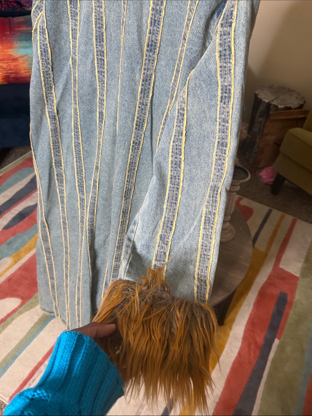 Denim Long Coat with Faux Fur Trim in Vintage Wash - Picture 4 of 4